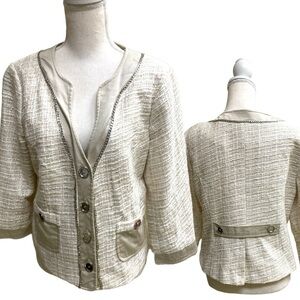 Katherine New York Cream Bouclé Blazer Jacket 3/4 Sleeve Contrast Trim